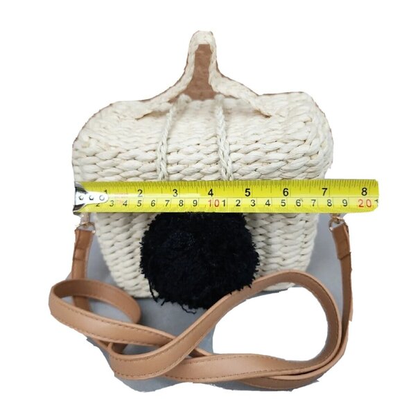 Surell Natural Straw Small Rectangle Basket Crossbody Handbag W/Black PomPom -EC - Picture 4 of 10